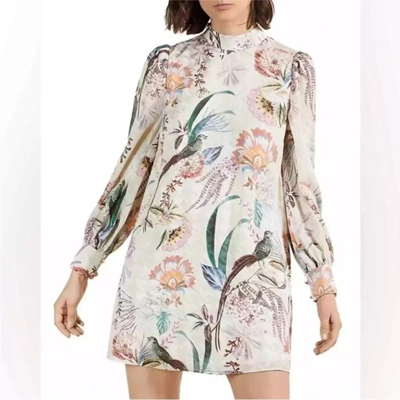 Ted Baker Decadence Shift Mini Dress Floral Long Sleeve Mock Neck Pockets US 6 2 - Picture 1 of 8